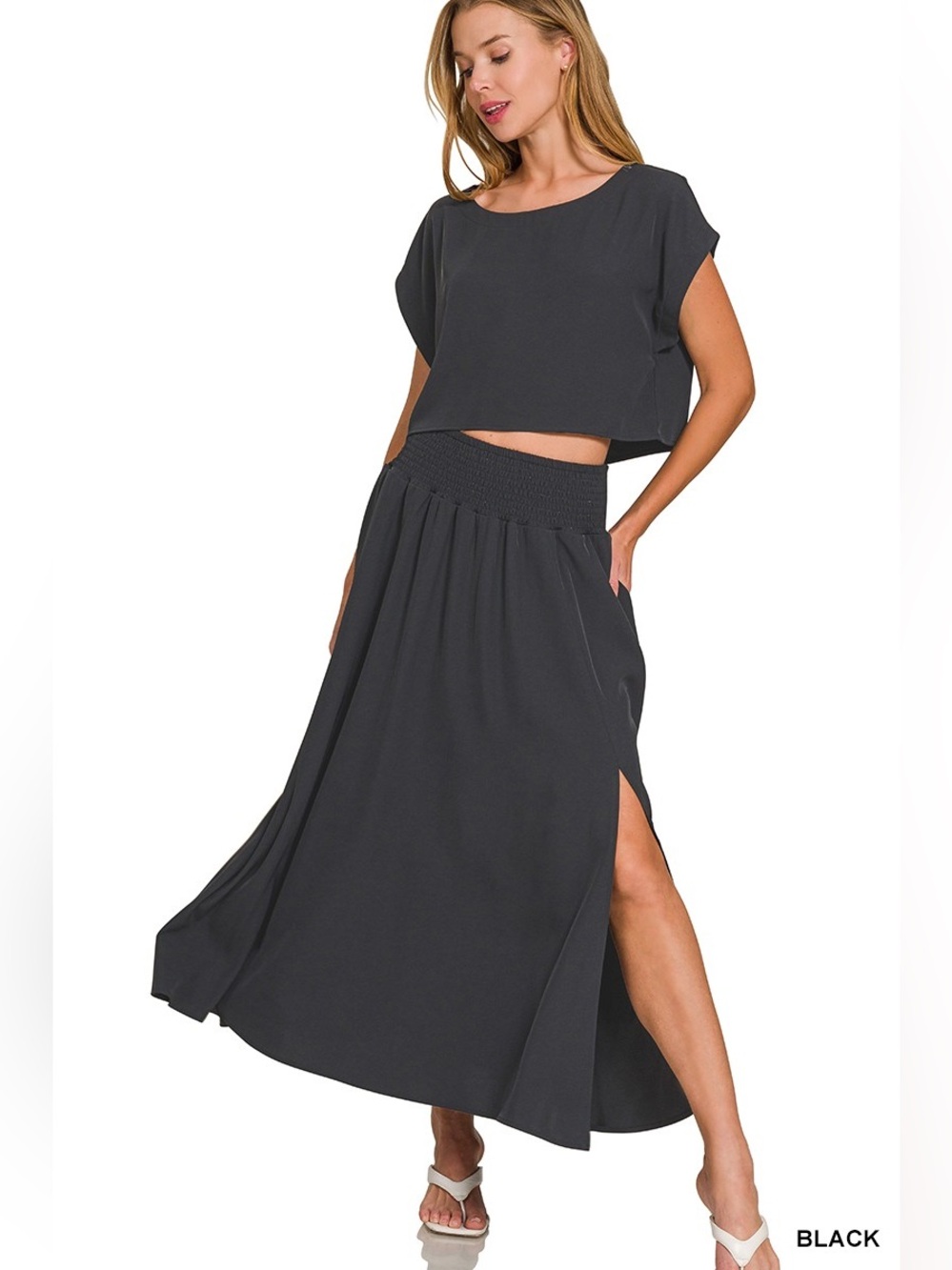 Zenana Black 2 Piece Crop Top Smocked Maxi Skirt Set Boho Resort Size M NWOT - Picture 4 of 8